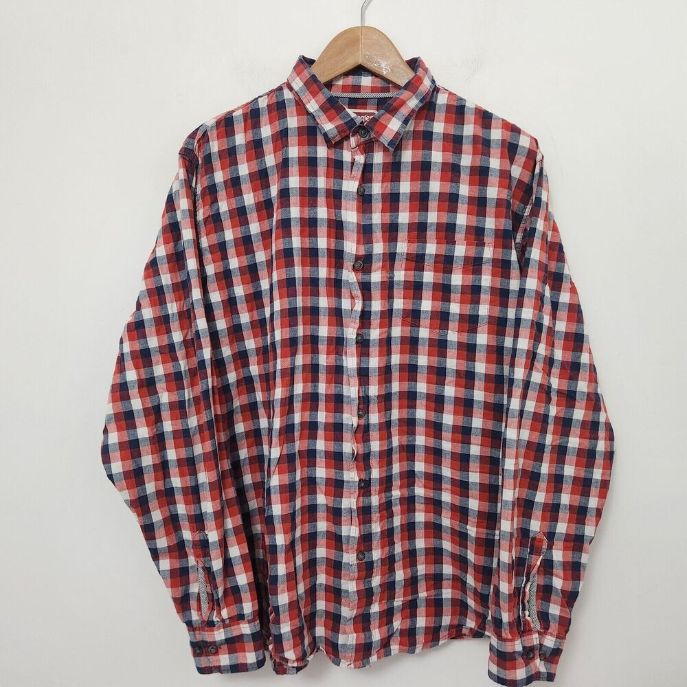 WRANGLER Men's Red White Blue Plaid Long Sleeve Button Up Shirt Size XL